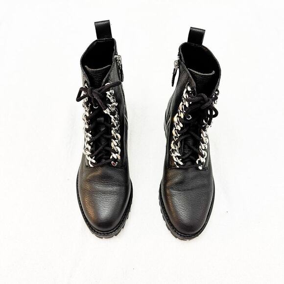 Rebecca Minkoff Janyi Black Leather Silver Chain Adorn Combat Boot Size 5.5 NWOB - Picture 1 of 8